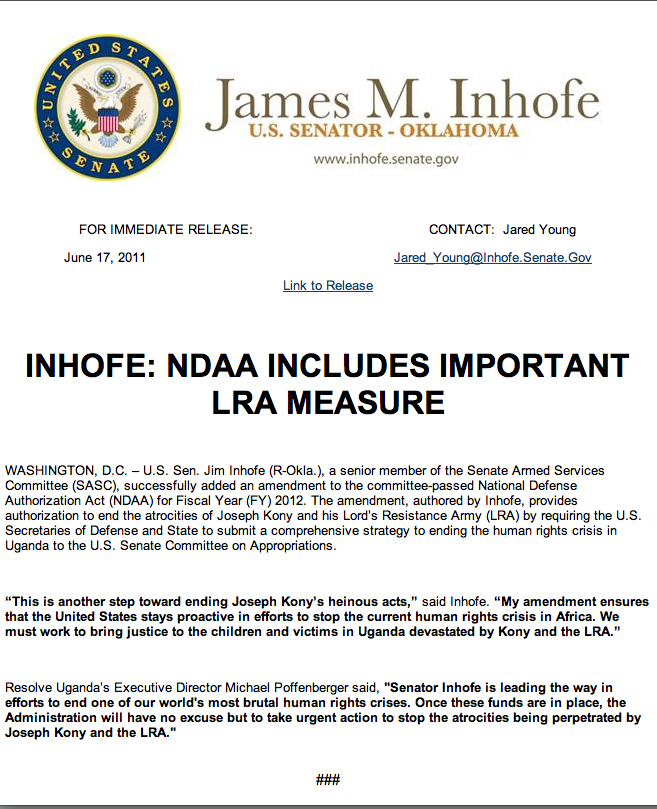 James Inhofe - LRA Bill of 2010