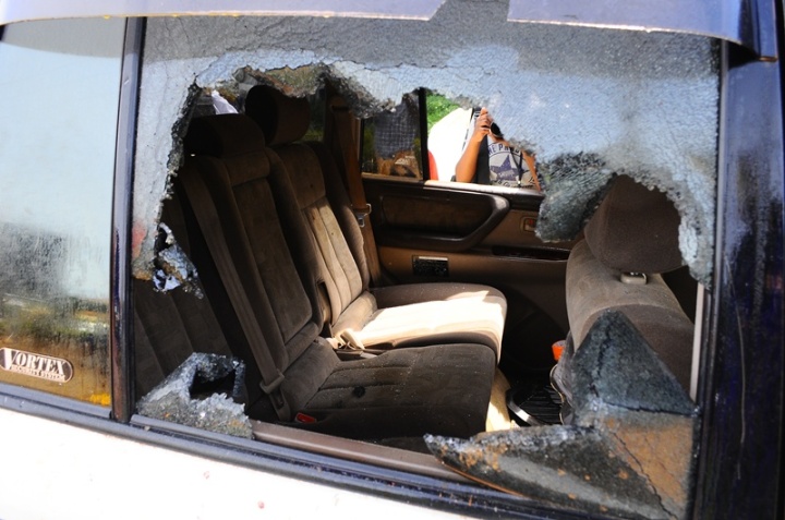Kizza Besigye's car after he was arrested at Mulago round about. He was released on police bond without any charge at Kasangati Magistrates court